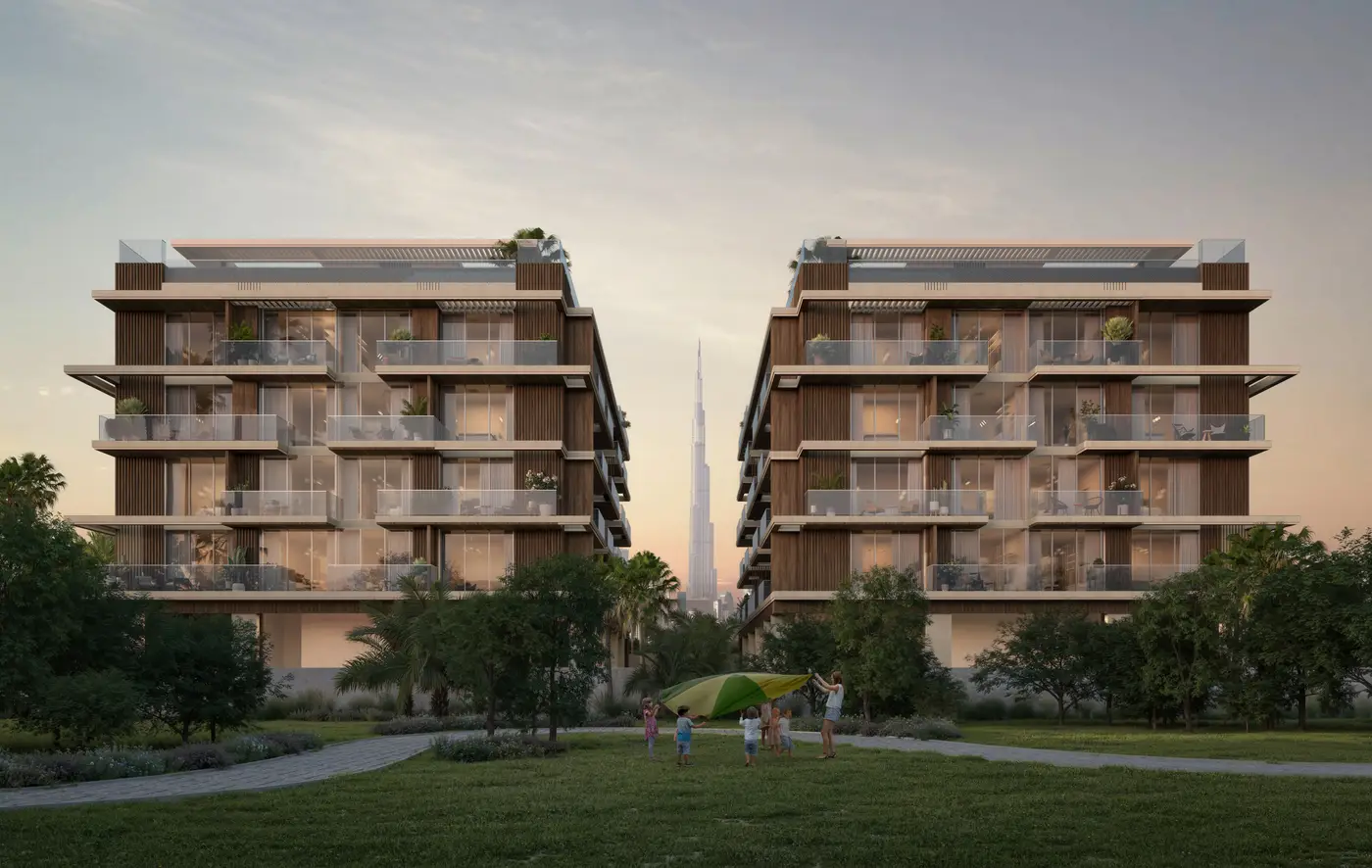 The two Arthouse Residences towers in Meydan with the Burj Khalifa between them