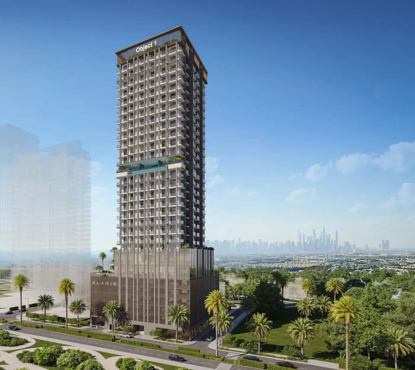 Elaris Rise tower in Jumeirah Village Triangle with the Dubai skyline behind