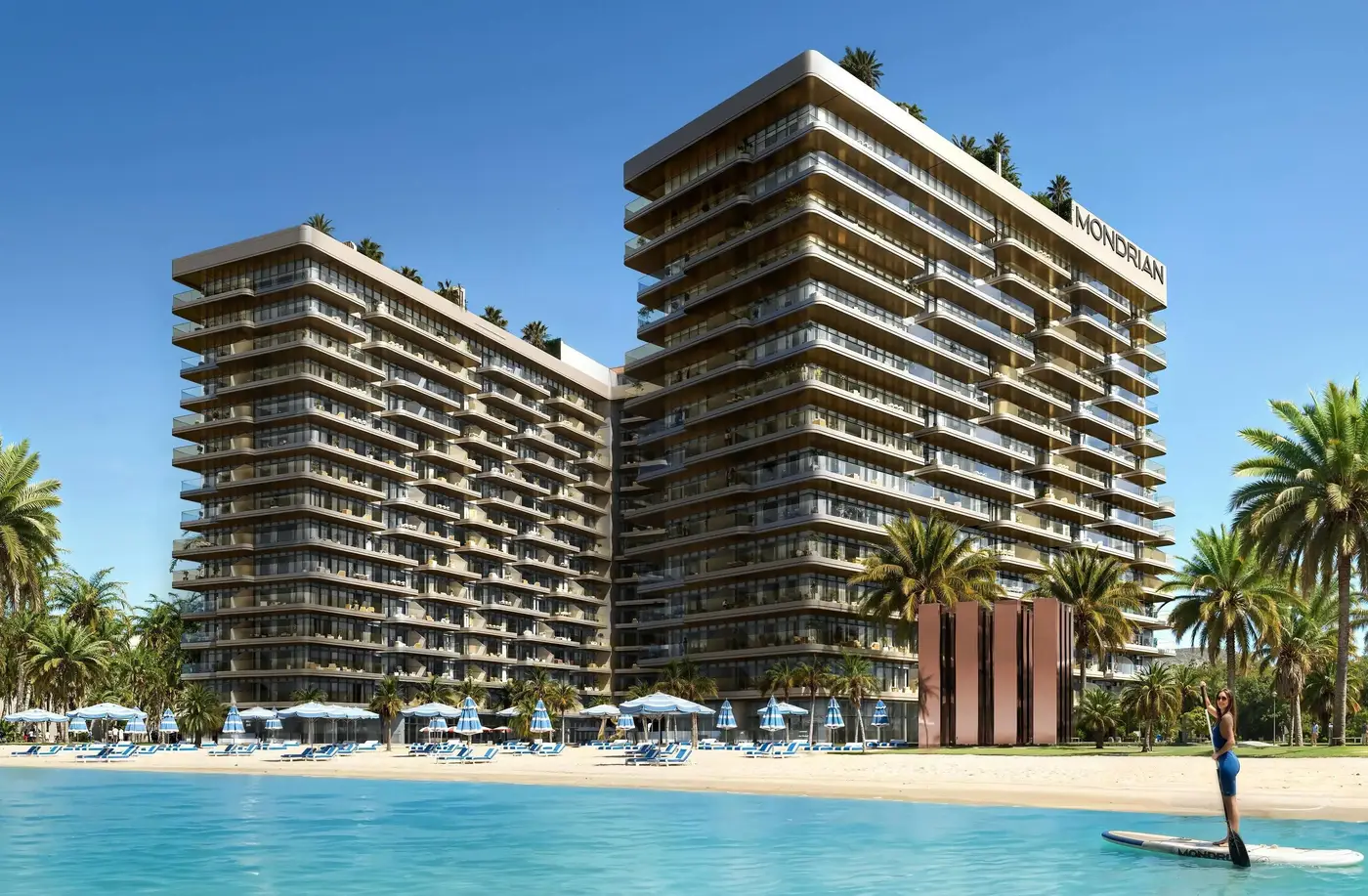 Mondrian Al Marjan Island towers on the beachfront in Ras Al Khaimah