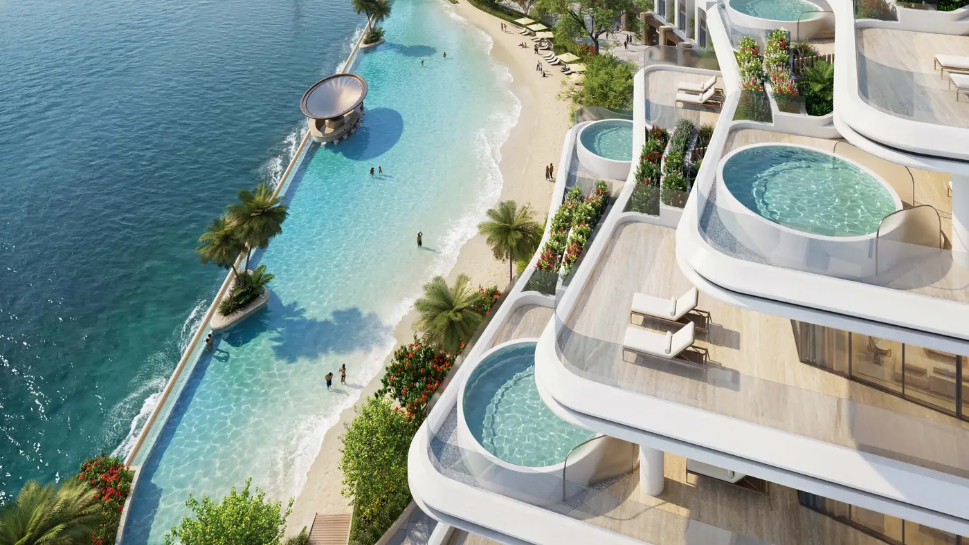 Aerial view of Sobha City's lagoon and beachfront residences in Abu Dhabi