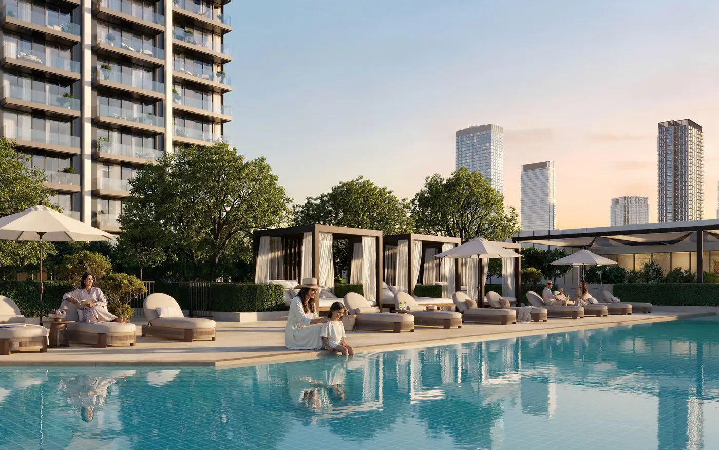 Pool deck at Valia, Dubai Creek Harbour, with the tower behind